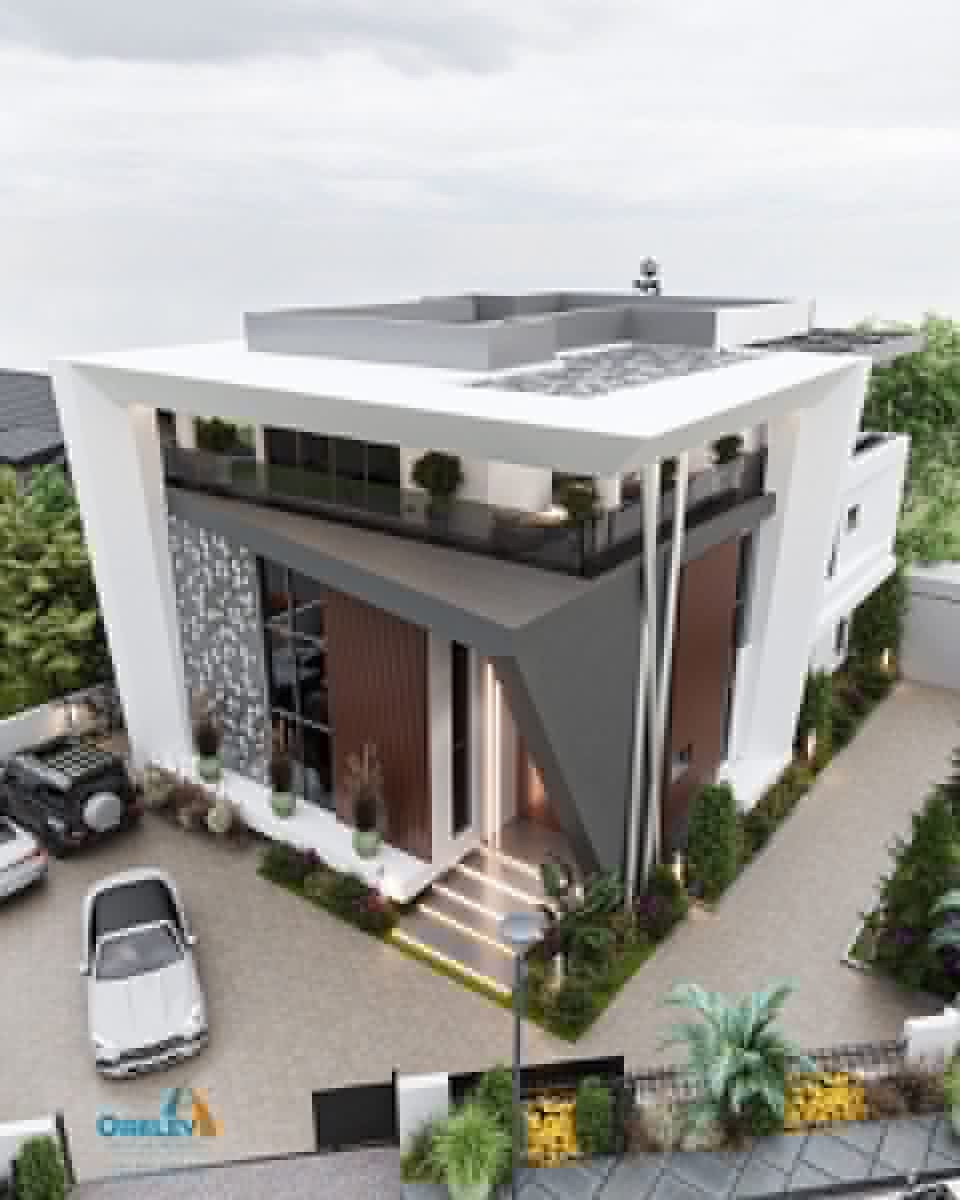 Modern multi-storey residence with cantilevered frame, wood cladding and glass balconies by Oakley