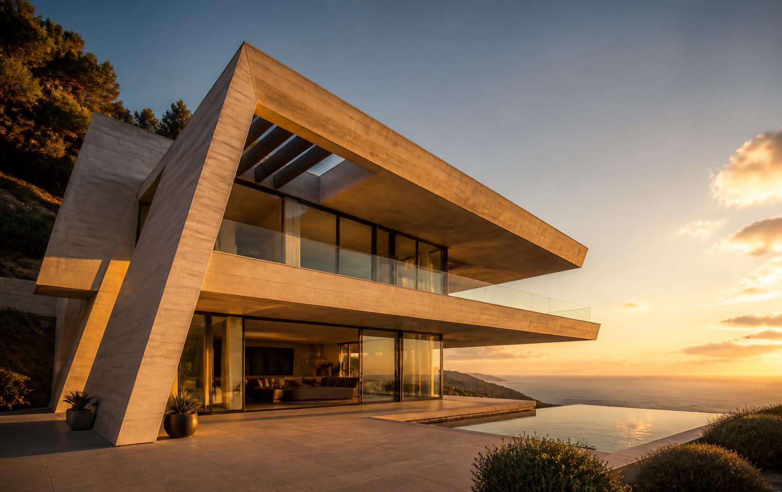 Modern concrete and glass villa at golden hour designed by Oakley